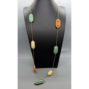 Long Station Necklace Acrylic Blue Green  Orange and Cream  Gold Tone  Chain 38"